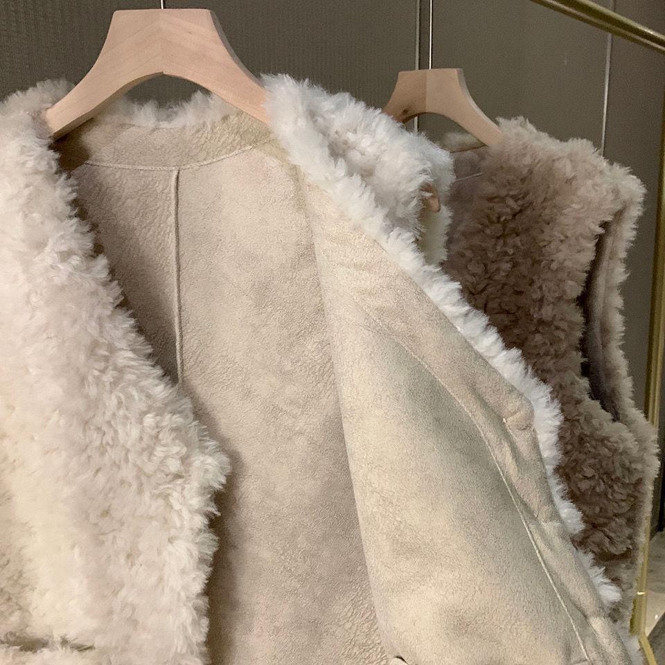Fur Vest Coat Women Sleeveless All Match Waistcoat Autumn Winter V Neck Button Warm Lamb Hair Sleeveless Jacket