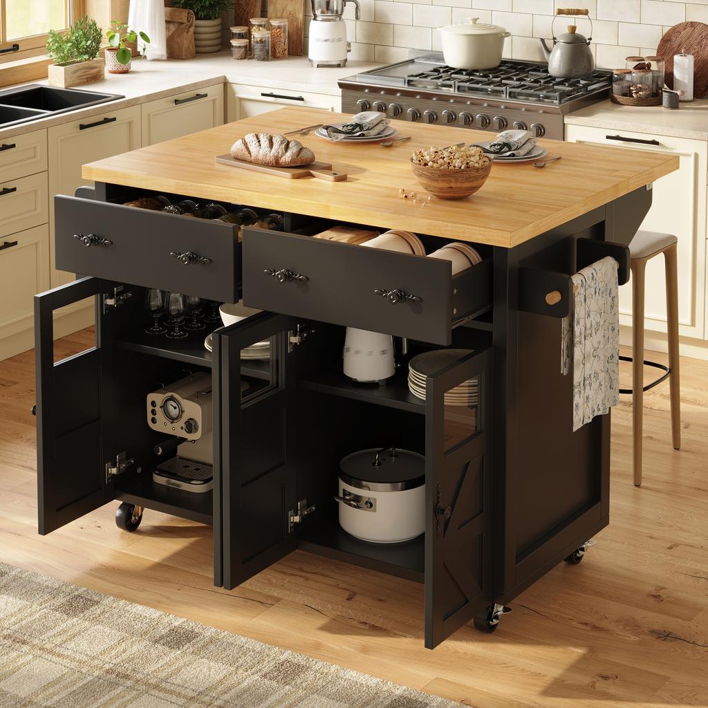Isola da Cucina, Carrello da Portata Multifunzionale, Ampio Spazio di Archiviazione, Mobile Buffet Mobile, Incl. Freni e Scomparti Regolabili, Nero