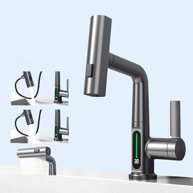 Hot Cold Water Mixer Tap with Pull Spray Waterfall Kitchen Faucet 360 Degree Rotation Single Handle