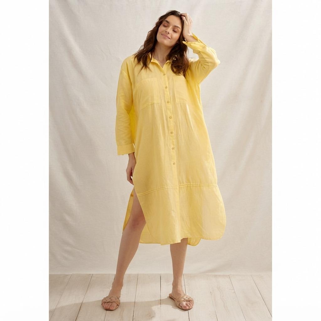 Linen Pleated Shirt Dress Women Casual Long Dress Turn Down Collar