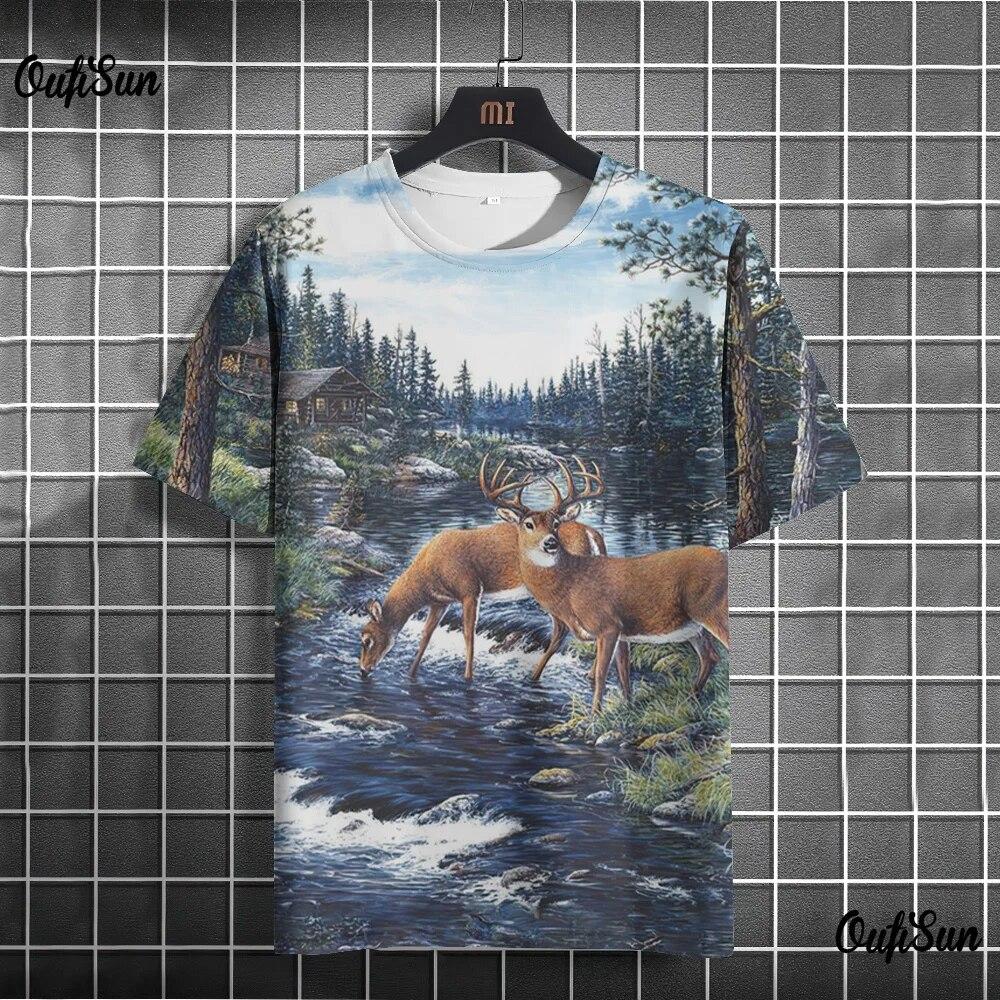 3d Animal Print Men's T-Shirt Deer Pattern Tops Fashion Street Short Sleeve Crew Neck Pullover Oversized Men's Clothing