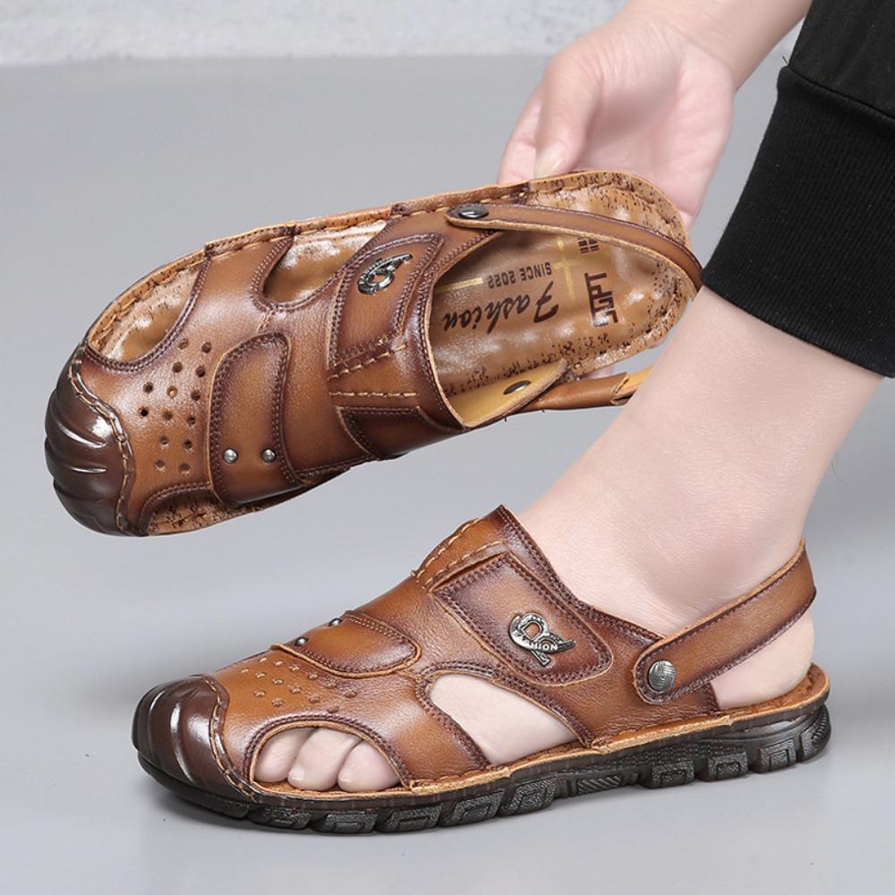 Men's Genuine Leather Sandals Summer Outdoor Breathable Open Toe Casual Beach Shoes Trendy Hollow Design