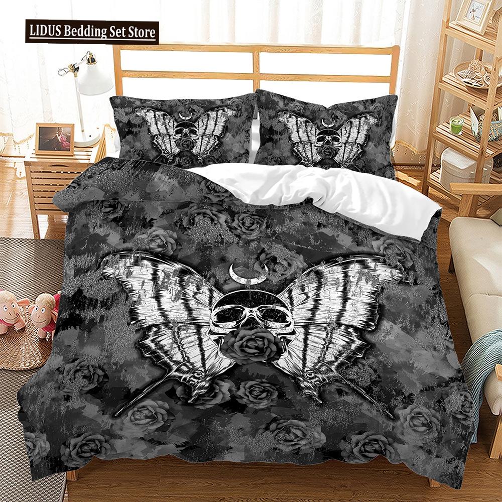 Skull Duvet Cover Set Butterfly Pattern Dark Purple Background King Queen Size For Kids Boys Girls Bedding Set With Pillowcases