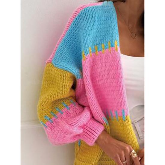 Autumn Winter Color Block Patchwork Cardigan for Women Loose Casual Colorful Sweater Knitwear Jacket Coat