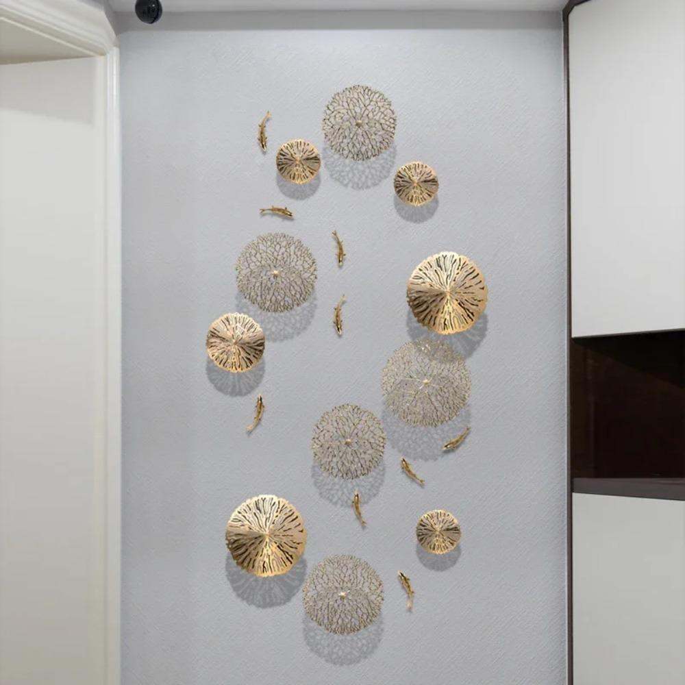 Background Home Decoration Wall Hanging Copper Pendant Metal Hollow Out Coral Lotus Leaf Fish Pond Goldfish Wall Decoration