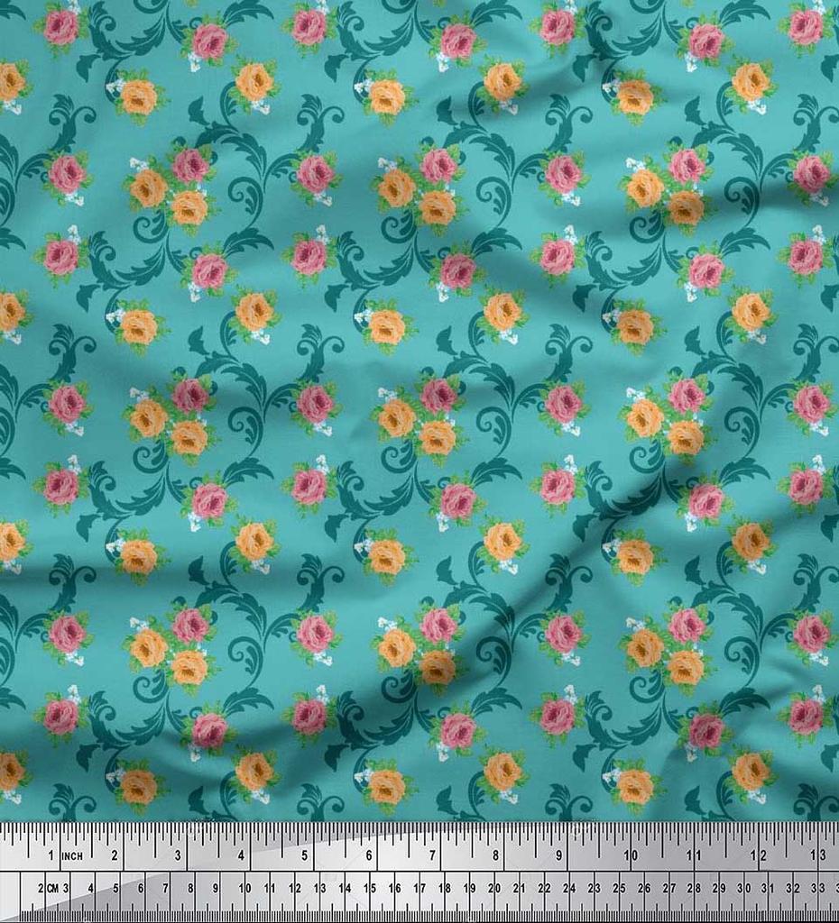 Soimoi Japan Crepe Satin Fabric Swirl,Leaves & Rose Floral Printed Fabric 1 Metre 42 Inch