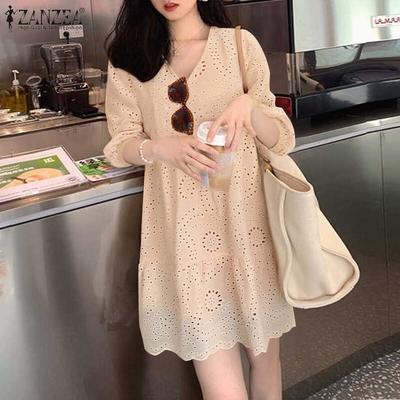 Women Summer V-Neck Long Sleeve Lace Loose Dresses