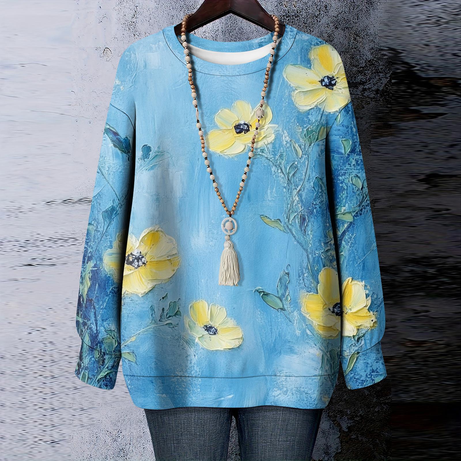 

Женская футболка с цветочным принтом, круглым вырезом и длинными рукавами, свитшот XXL