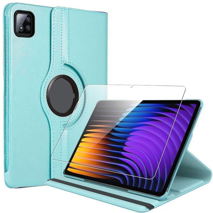 Coque + Verre Trempé pour Xiaomi Pad 7 / 7 Pro, Etui Rotatif Multi-Angle Antichoc Effet Cuir Bleu