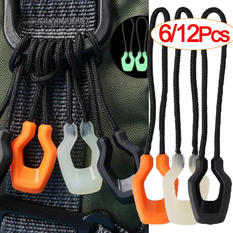 6/12Pcs Luminous Zipper Pullers Tent Zipper Pull Slider Head Tool Convenient Zipper Extension Knapsack Jacket Zippers Accessory