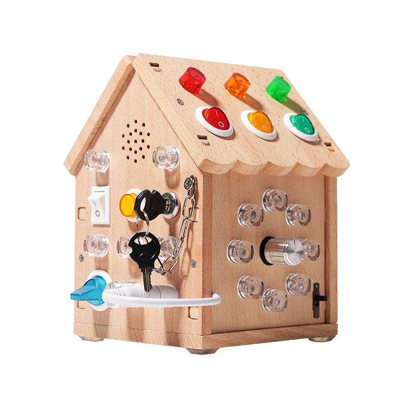 Wooden Led Light Sound And Light Busy House Mechanism Unlocking Power Switch Children'S Montessori Early Education Educational Toys