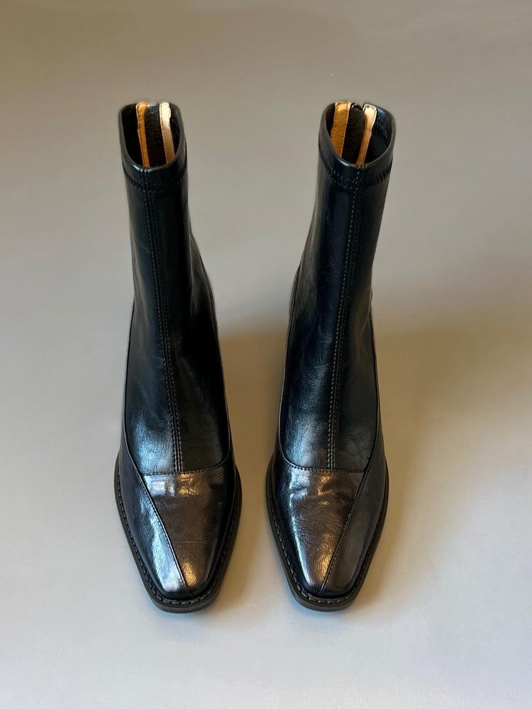 The first layer of cowhide! Square head thick heel short boots soft leather splicing Chelsea boots women's black boots thin boots