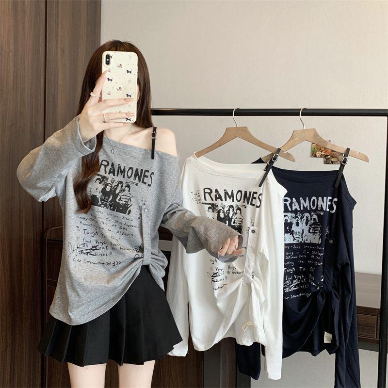 American Plus Size One-Shoulder Letter Print Long Sleeve Women's T-shirt - 2025 Autumn, New Loose Slimming Trendy Top