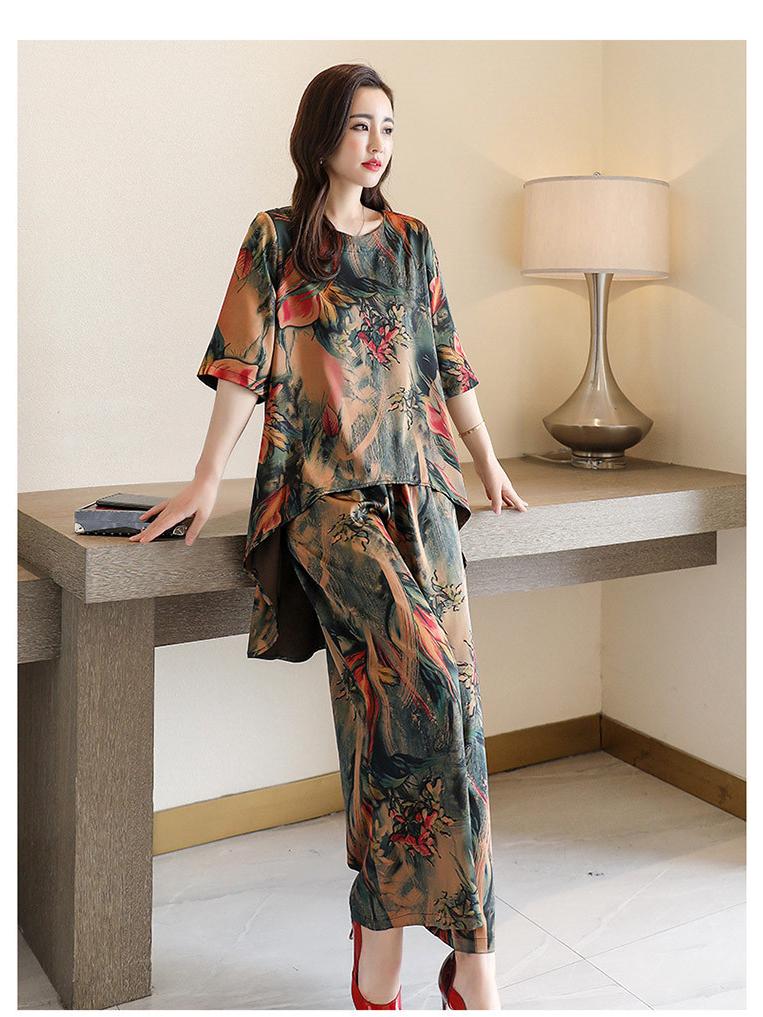 2024 Sommer Damen Retro Print Zweiteiliger Anzug: Modische Bluse mit lockerer Passform und Hose mit weitem Bein