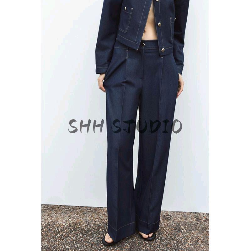 Spring New Women's Clothing High Waist Wide-Leg Pants 1478692 Contrast Color Seized String Decoration Short Coat 1478792