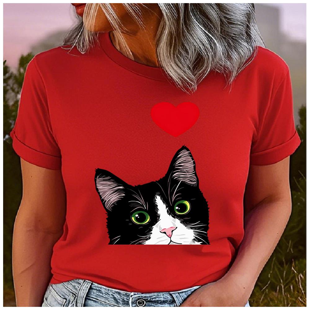 Unisex 100% Polyester Cute Black White Heart Cat Print Loose round Neck Casual Short Sleeve T-Shirt Fashion Summer Top
