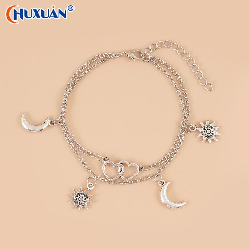 [Q]Women's Double Bohemian Heart Anklet Love Personality Simple Layered Summer Beach Foot Ankle Bracelet Leg Chain