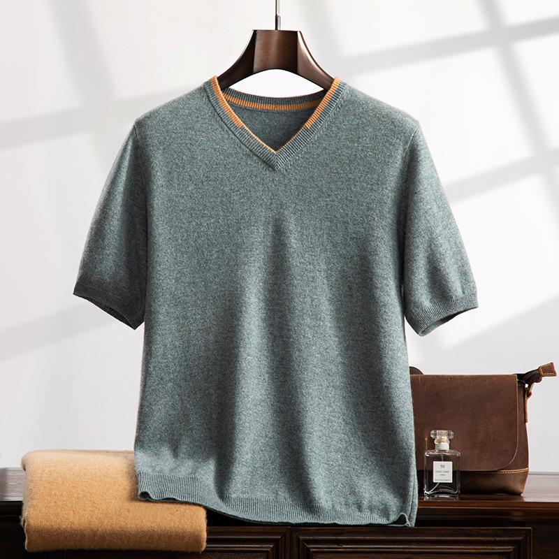 Men's V-neck Cashmere Sweater: Autumn/Winter Short Sleeve, Loose-Fit Knitwear, Color Block Half Sleeve, Casual and Trendy.