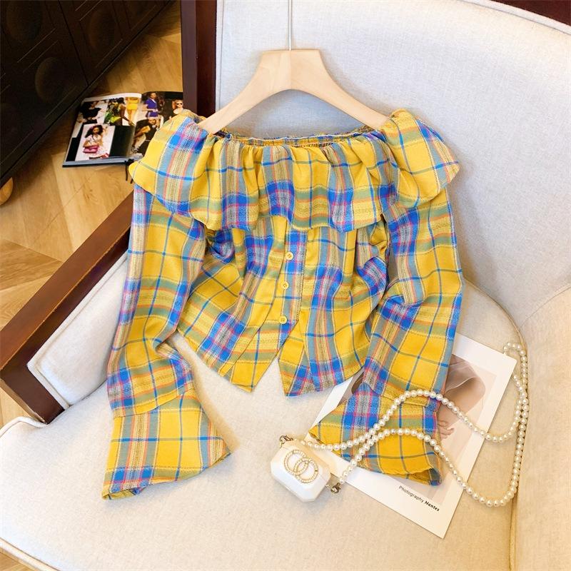 

Autumn new retro fashion plaid tube top one-word shoulder shirt versatile flared sleeve top women s trend XL жёлтый
