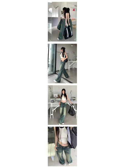 American Retro Low-Waist Wide-Leg Distressed Denim Pants - Floor-Length