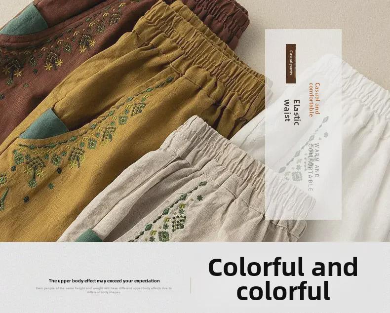 Damen 2024 Retro Bestickte Baumwoll-Leinen Karottenhose: Lässig, locker geschnitten im Harem-Stil für Frühling, Sommer und Herbst.