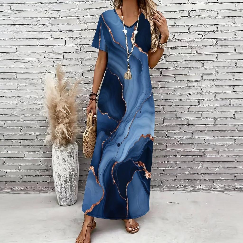Women Plus Size V Neck Short Sleeve Printed Straight Maxi Dress
