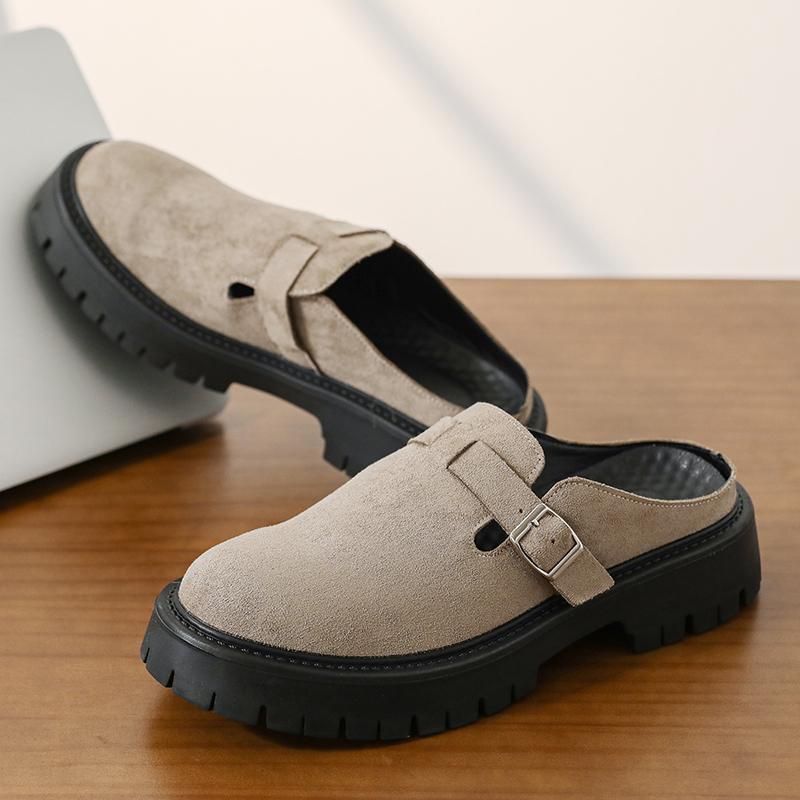 4CM Height Increasing Mules Slippers for Men Fashion Close Toe Slides Home Shoes Outdoor Clogs Suede Leather Platform Sandals