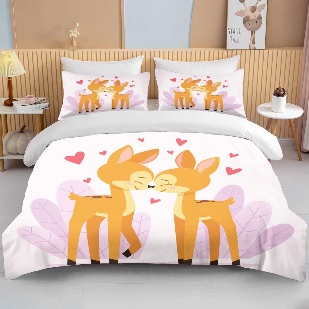 Niedliches Cartoon-Tierpaar Doppelbett-Bettdeckenset Bett Europäisches Bettwäscheset Heimtextilien Luxus-Kissenbezug Schlafzimmer-Bettwäscheset