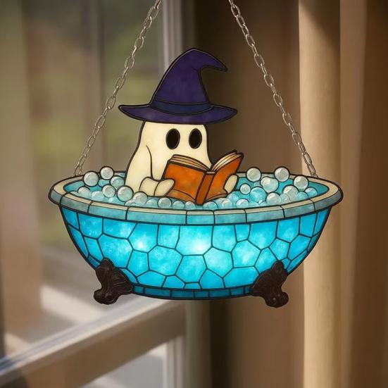 Halloween Suncatcher Stained Glass Window Hanging Light Catcher Ornaments Acrylic Ghost Black Cat Craft for Wall Window Decor