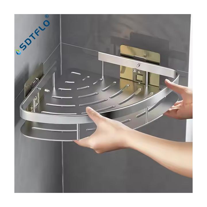 ZHIYAN Modern Eco-Friendly No Drill Wall-Mounted Black Stainless Steel Single Tier Shower Caddy Corner Suction Bathroom Shelf