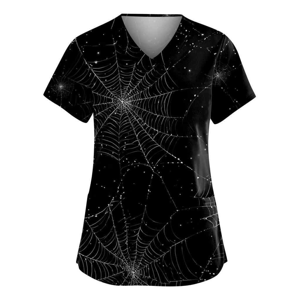 Women's Fashion V-Neck Short Sleeve Overalls With Pockets Halloween Printed Tops  Apparel