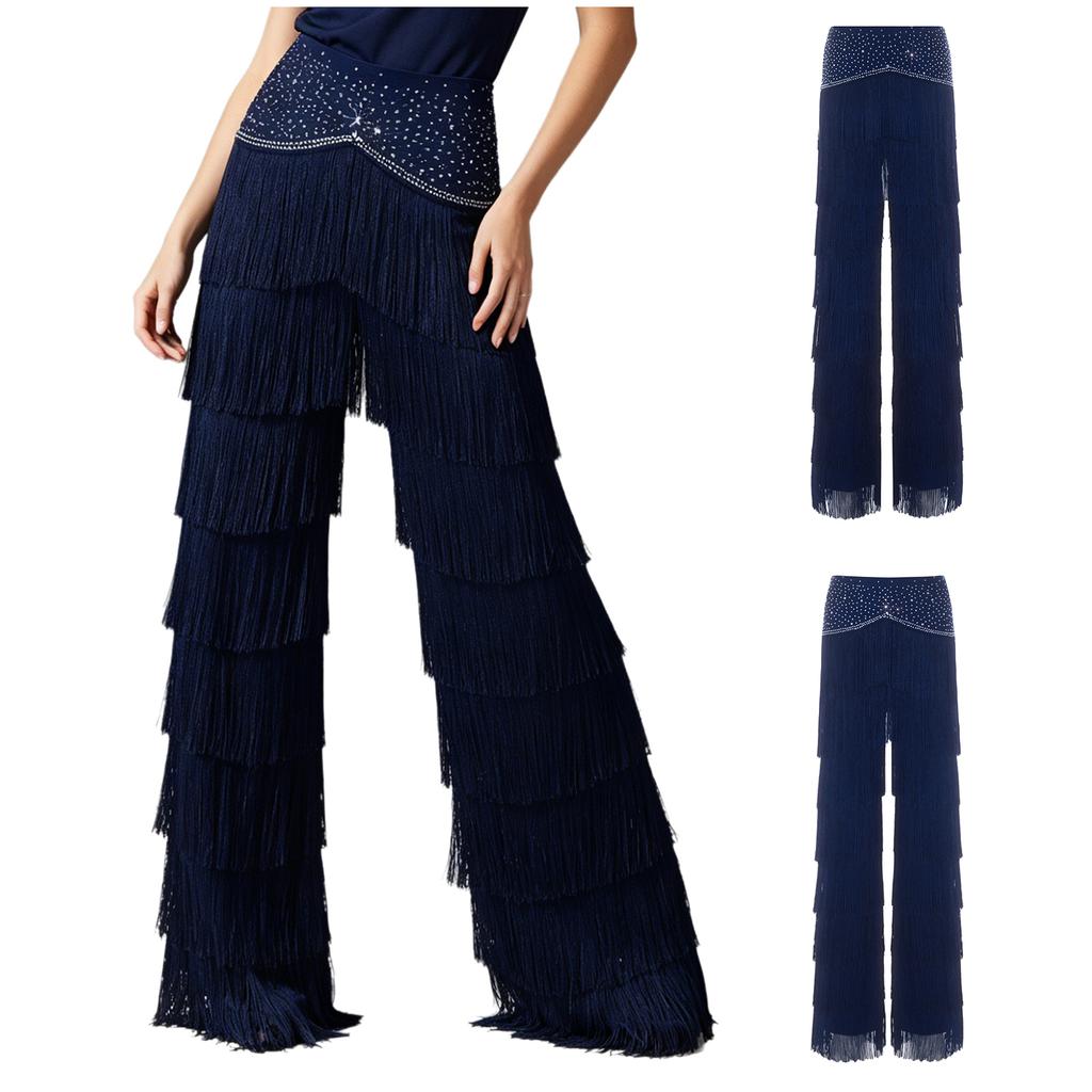 Pantaloni da Donna Latini Tango con Frange Vita Strass Strati Nappe Gamba Dritta per Cha-cha Rumba Allenamento Competizione Sala da Ballo