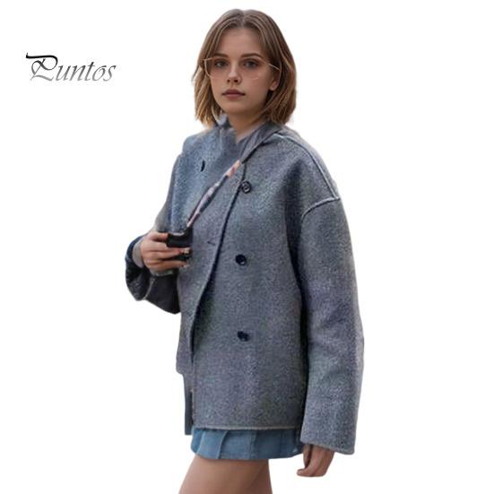 Loose Fit Women Jacket Fall Winter Single-breasted Double-breasted Thickened Cardigan Coat Long Sleeves Stand Collar Chest Pockets Outwear Casual