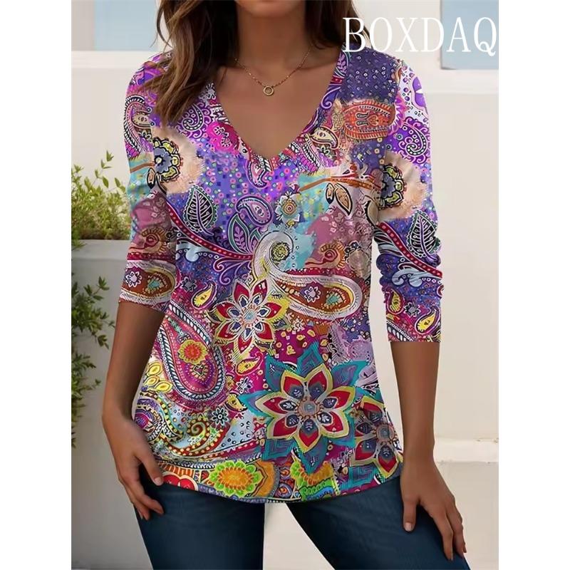 Women's V-Neck T Shirt Ethnic Retro Print Long Sleeve Shirts Fashion Plus Size Loose Autumn Winter Casual Wear Tops Y2k Clothes