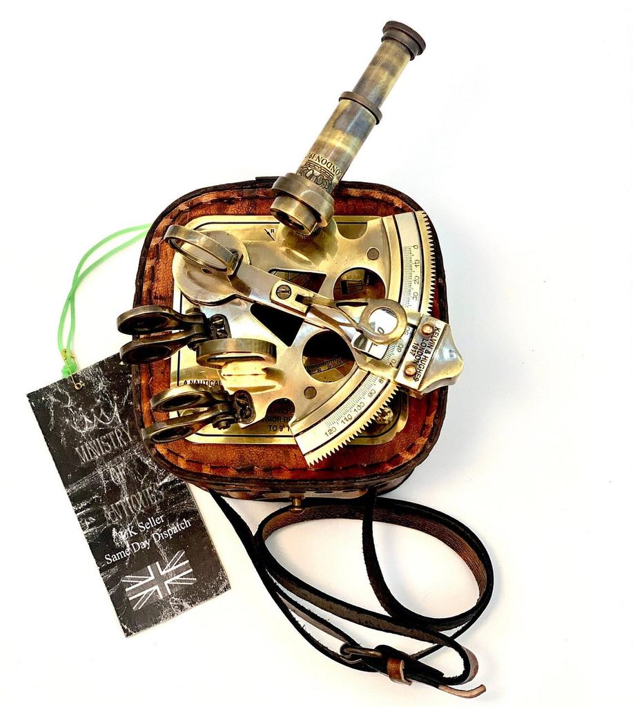 Starožitný námořní Nautical Sextant Telescope Vintage Marine Astroláb Lodní nástroje s koženou krabičkou Kelvin Hughes London 1917 vyryto