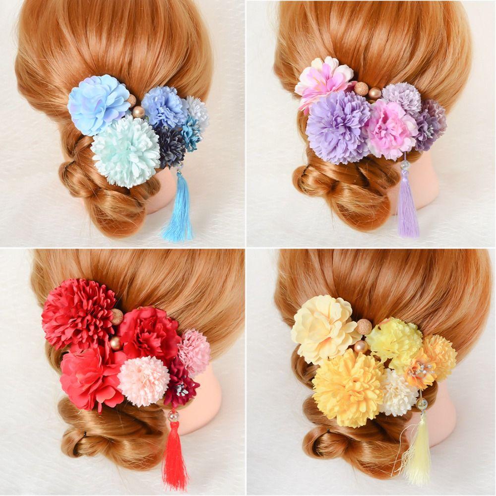 Handmade Japanese Kimono Hair Clips Flower Tassels Hair Stick Jewelry Flower Hair Forks  Girls