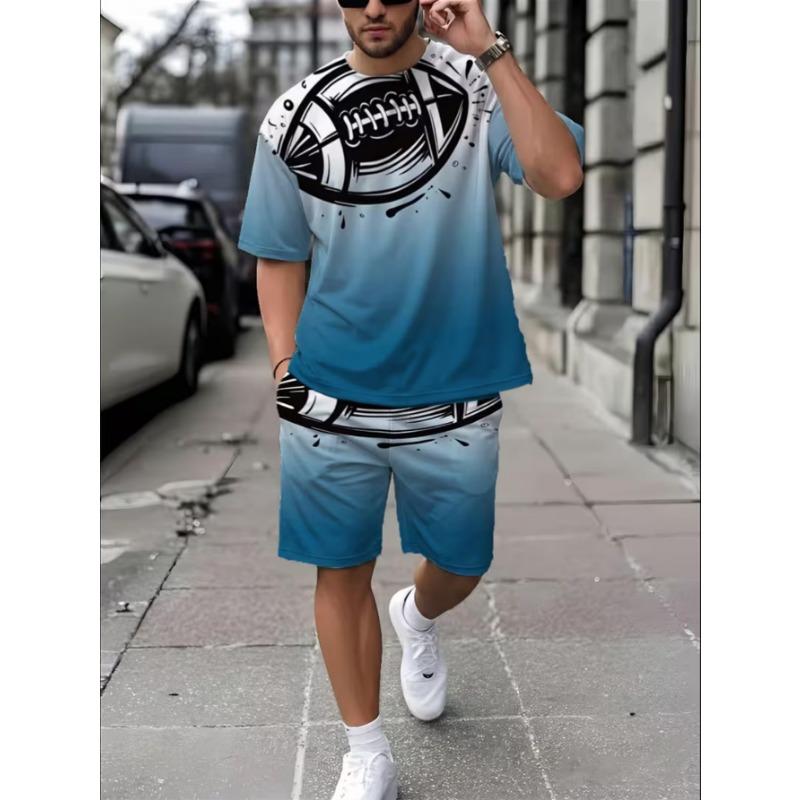 Urban Street Fashion Trend Men's Round Neck Short Sleeved Shorts Set, Outdoor Simple Casual and Comfortable
