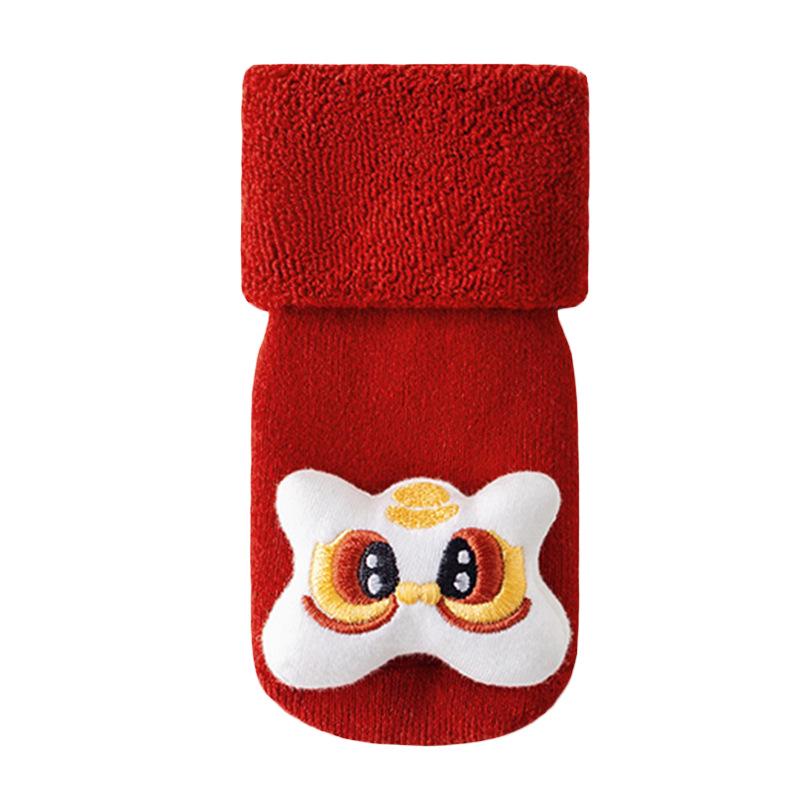Newborn Non-Slip Red Cotton Socks: Thick & Cozy for Autumn/Winter, Ideal for 100-Day Birthday & New Year Celebrations