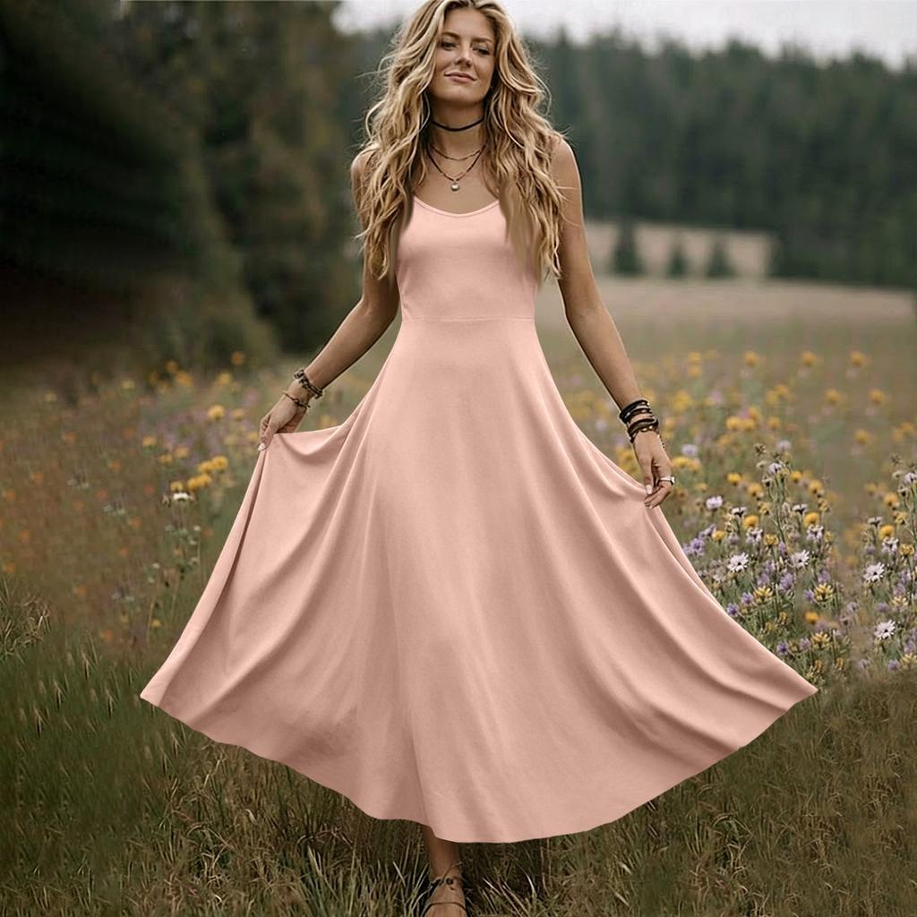 Women V Neck Sleeveless Long Dress Summer Spaghetti Strap Casual Loose Fit Maxi Dress Solid A Line Sundress