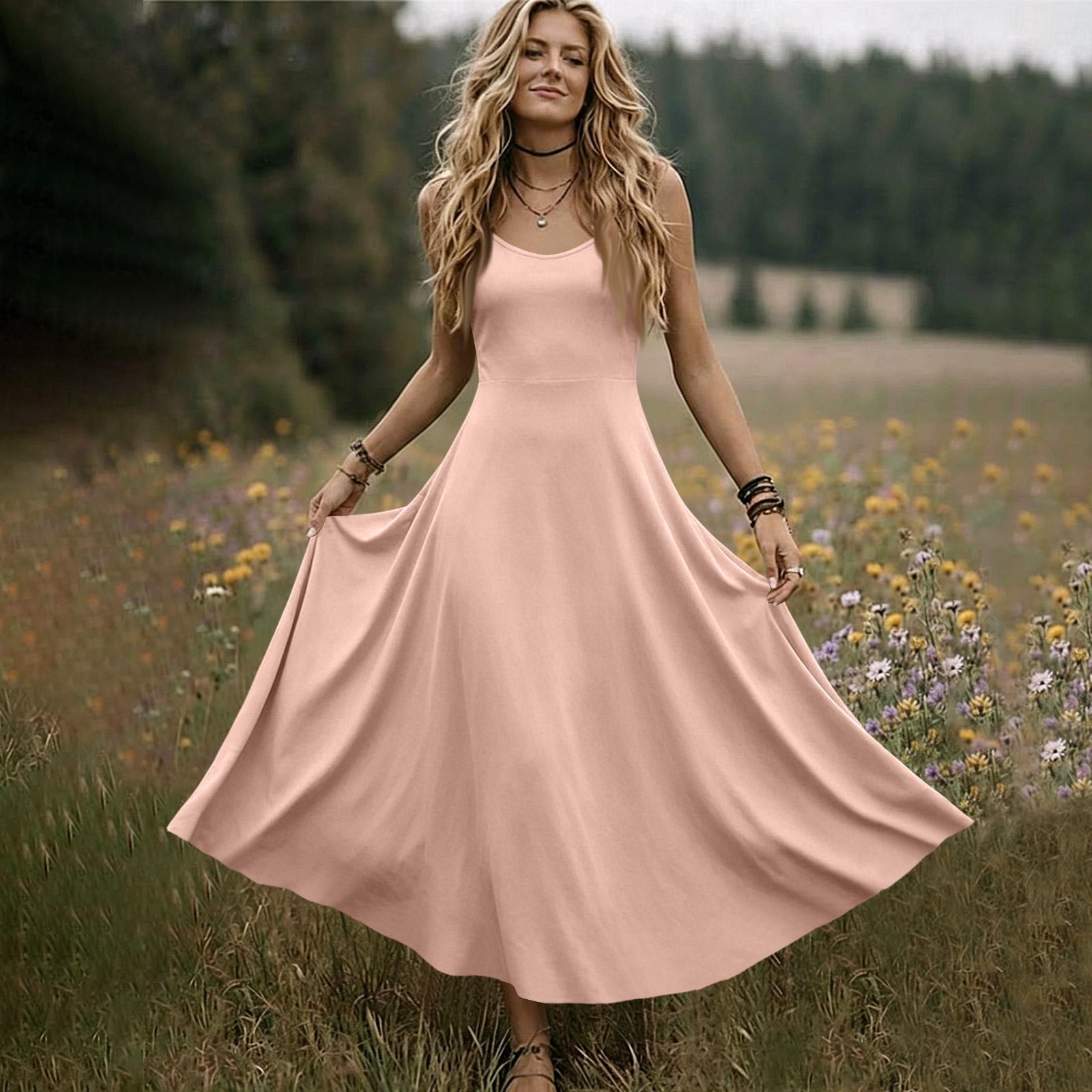 

Women V Neck Sleeveless Long Dress Summer Spaghetti Strap Casual Loose Fit Maxi Dress Solid A Line Sundress XXL розовый