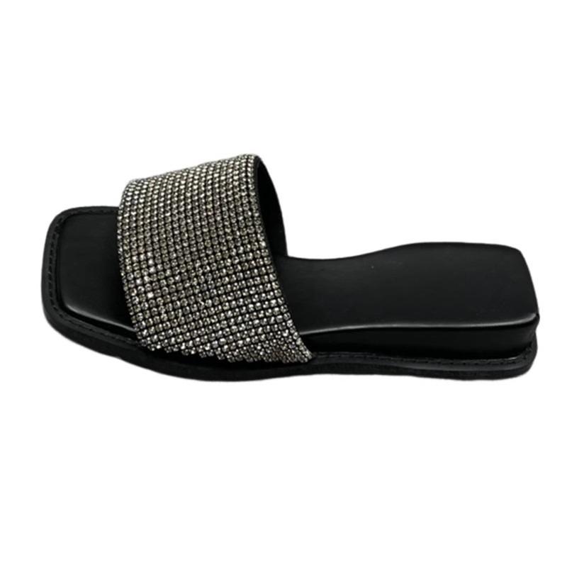 Women Summer Outer Wear Summer Open Toe Casual Flat Low Heel Fashion Square Toe Rhinestone Going Out Slippers Women