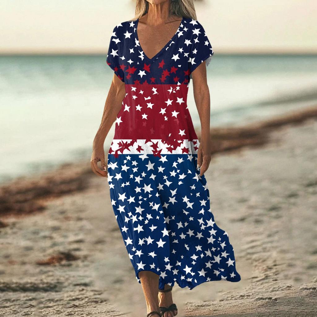 Sommerkleid Damen Lang Strandkleid Elegantes Kleid V-Ausschnitt Kurzarm Sommerkleid Leicht Luftig