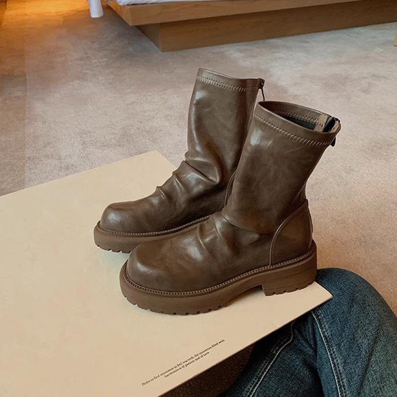 

Grape mother autumn and winter new fashionable thick heel thick sole thin boots round head wrinkled back zipper pile short boots women 34