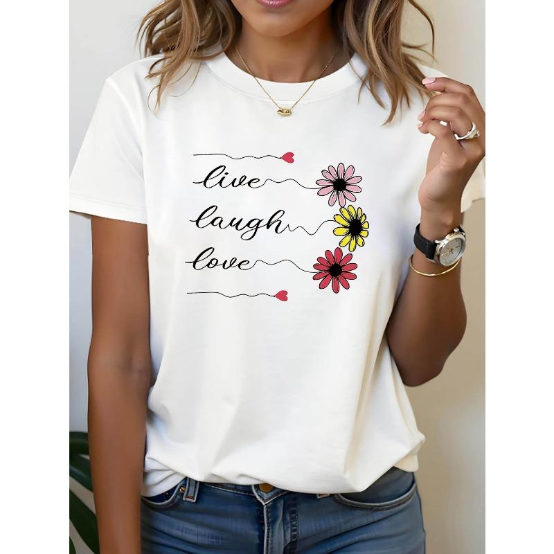 

Women s Live Laugh Love T-Shirt - Short Sleeve Crew Neck Blouse-Compatible Top with Suitable for Body Types, Spring Summer Casual Wear 4XL білий