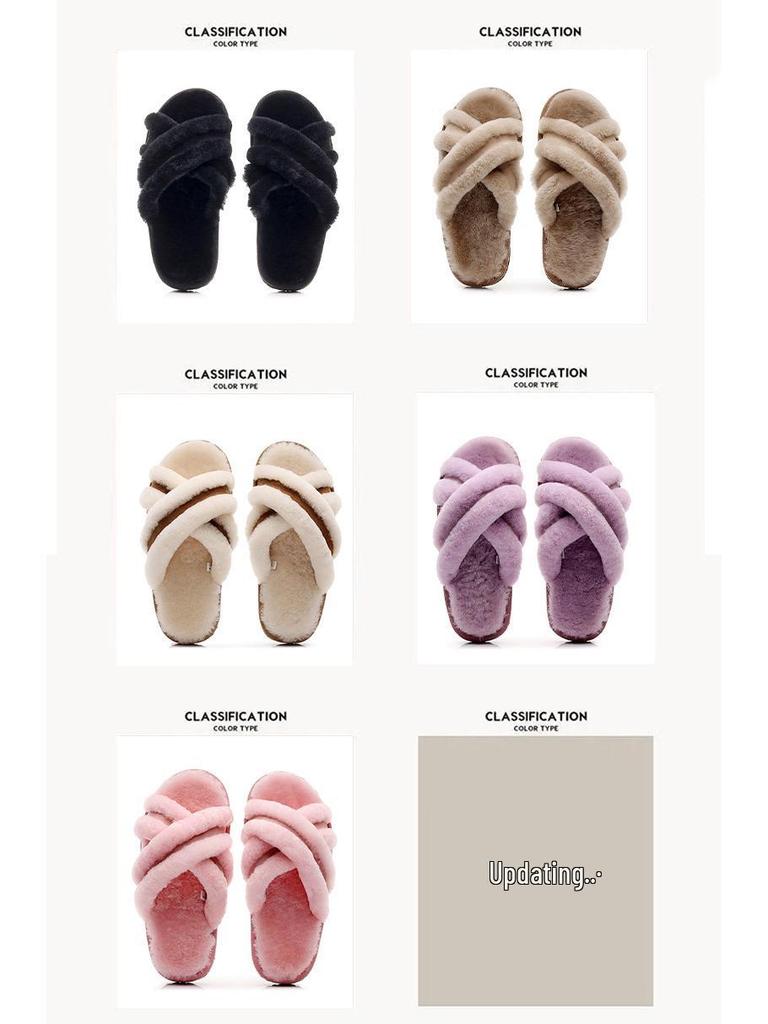 Women's Leather & Fur Cross Toe Flat Shoes - Cozy Autumn/Winter Versatile Thick-Soled Footwear for Home & Outdoor.