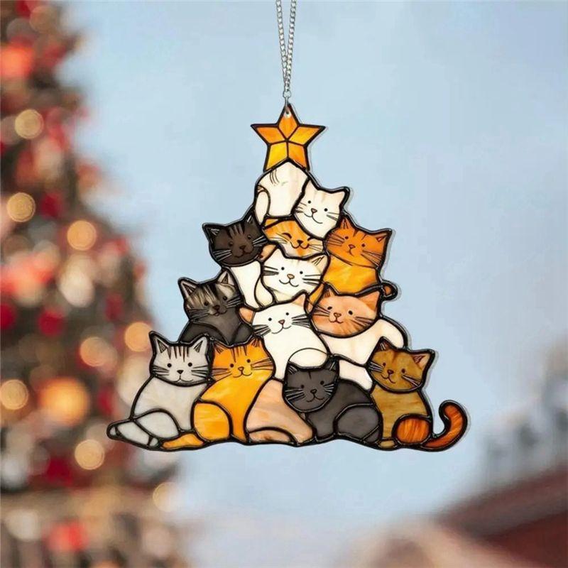 AEE2-Cat Sun Catcher Acrylic Stacking Kitten Ornaments Colorful Decoration Christmas Car Home Decorations
