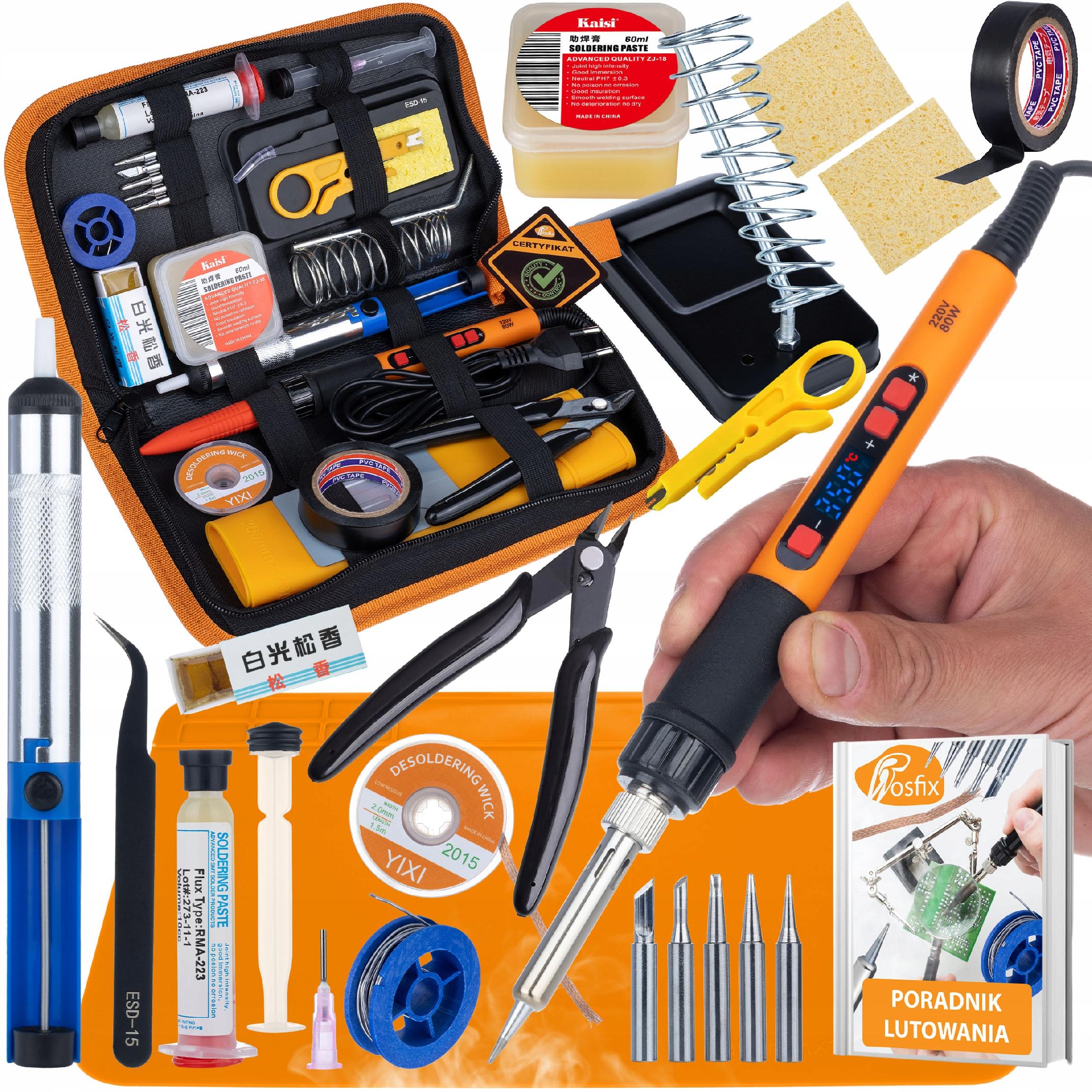 

Rosfix Set Pro 80W LCD 17w1 – Zestaw Lutowniczy z 6 Grotami, Odsysaczem, Pesetą, Szczypcami, Etui | 180–500°C | ESD | Poradnik PDF