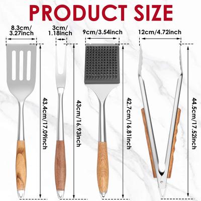 4Pcs Stainless Steel Barbecue Tool Set with Grill Spatulas Tongs Forks and Cleaning Brush Outdoor Camping BBQ Grilling Utensils
