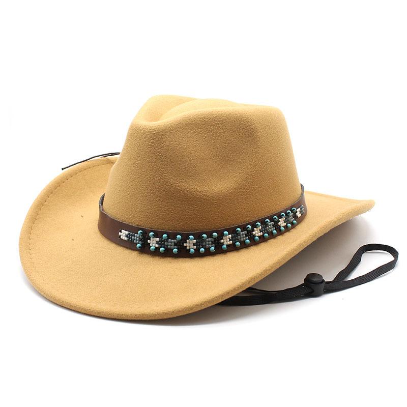 

Западная ковбойская шляпа Осень и зима Шерстяная цилиндр Шляпа джаз из фетра с большими полями 10 цветов, Ветрозащитная веревка M（56-58cm） верблюд