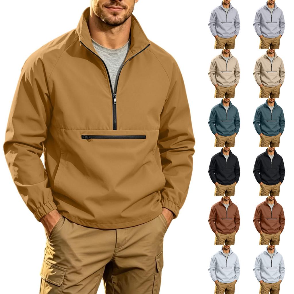 Herren-Farb-Sweatshirt mit langen Ärmeln, Stehkragen und Taschen